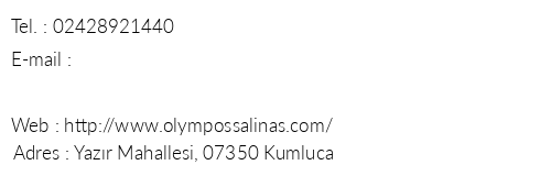 Olympos Salinas Pansiyon telefon numaralar, faks, e-mail, posta adresi ve iletiim bilgileri